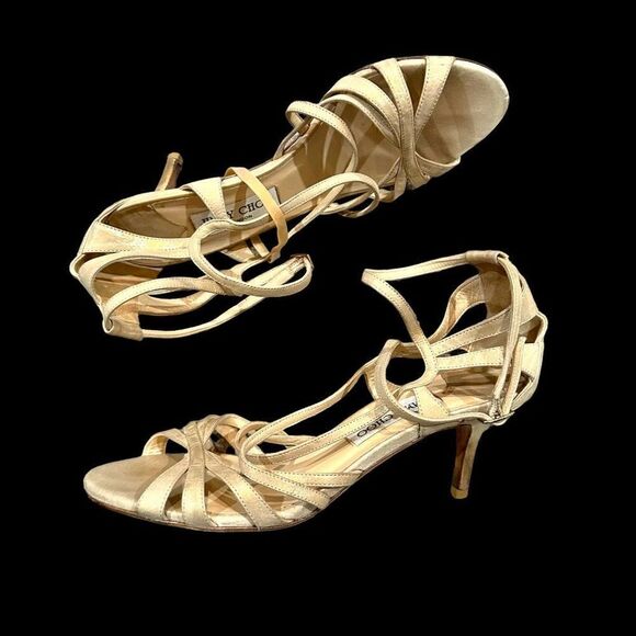JIMMY CHOO Gold Strappy High Heel Sandals Open Toe Shoes Size 37.5 (6.5 US) - Picture 2 of 7